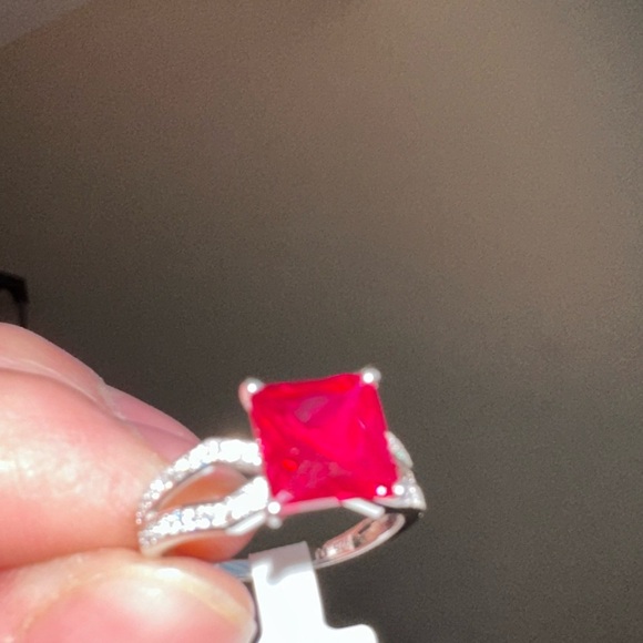 Lab ruby square stone with lab diamonds size 7 sterling silver band - Picture 6 of 7